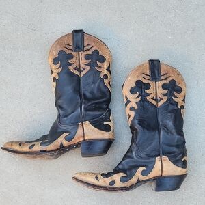 Justin Men’s Black & Tan Inlay Western Cowboy Boots Snip Toe